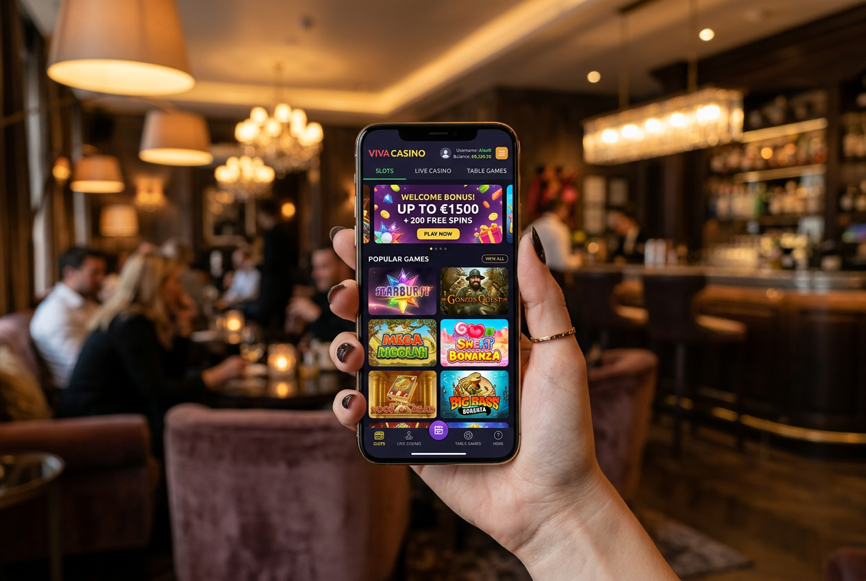 A smartphone displaying a modern online casino app with vibrant graphics.